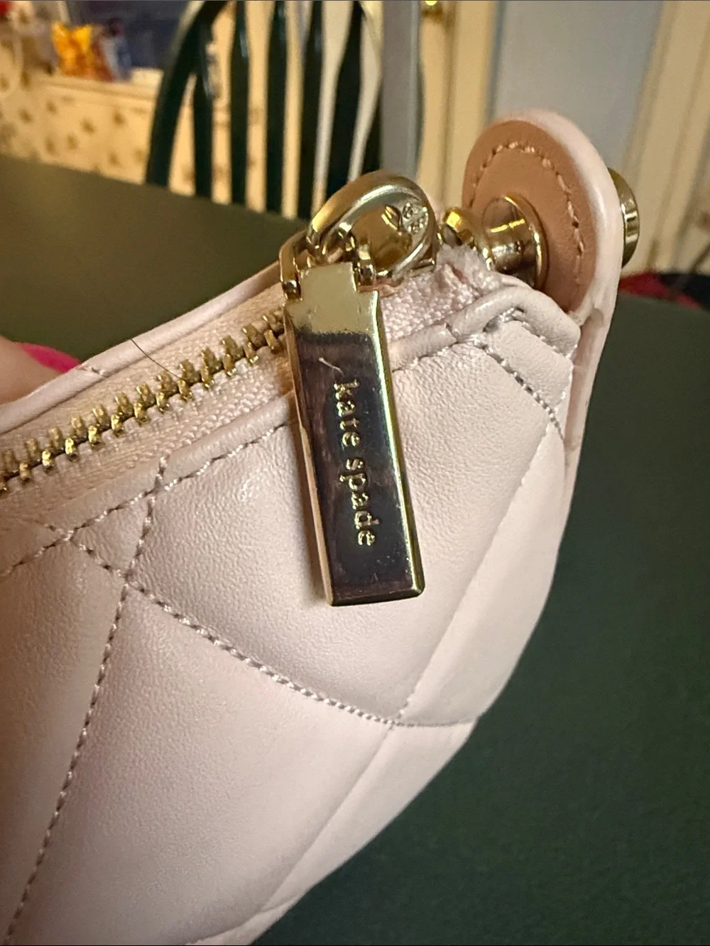 kate spade Quilted Pale Pink Crescent Shoulder Bag with Gold Chain